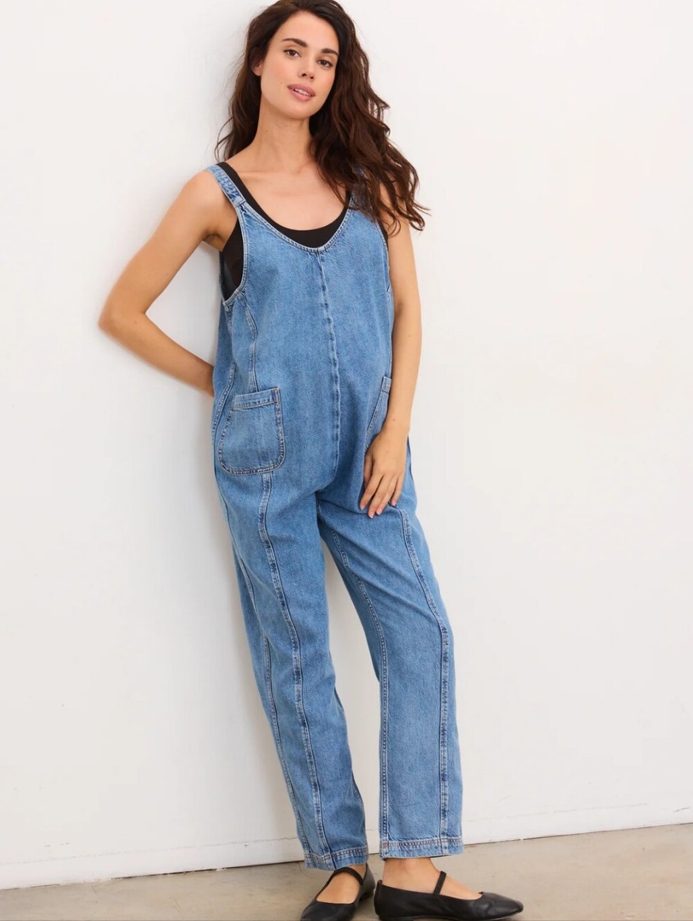 Hatch Drapey Denim Nora Maternirty Jumpsuit Overalls Blue Relaxed Fit Size M